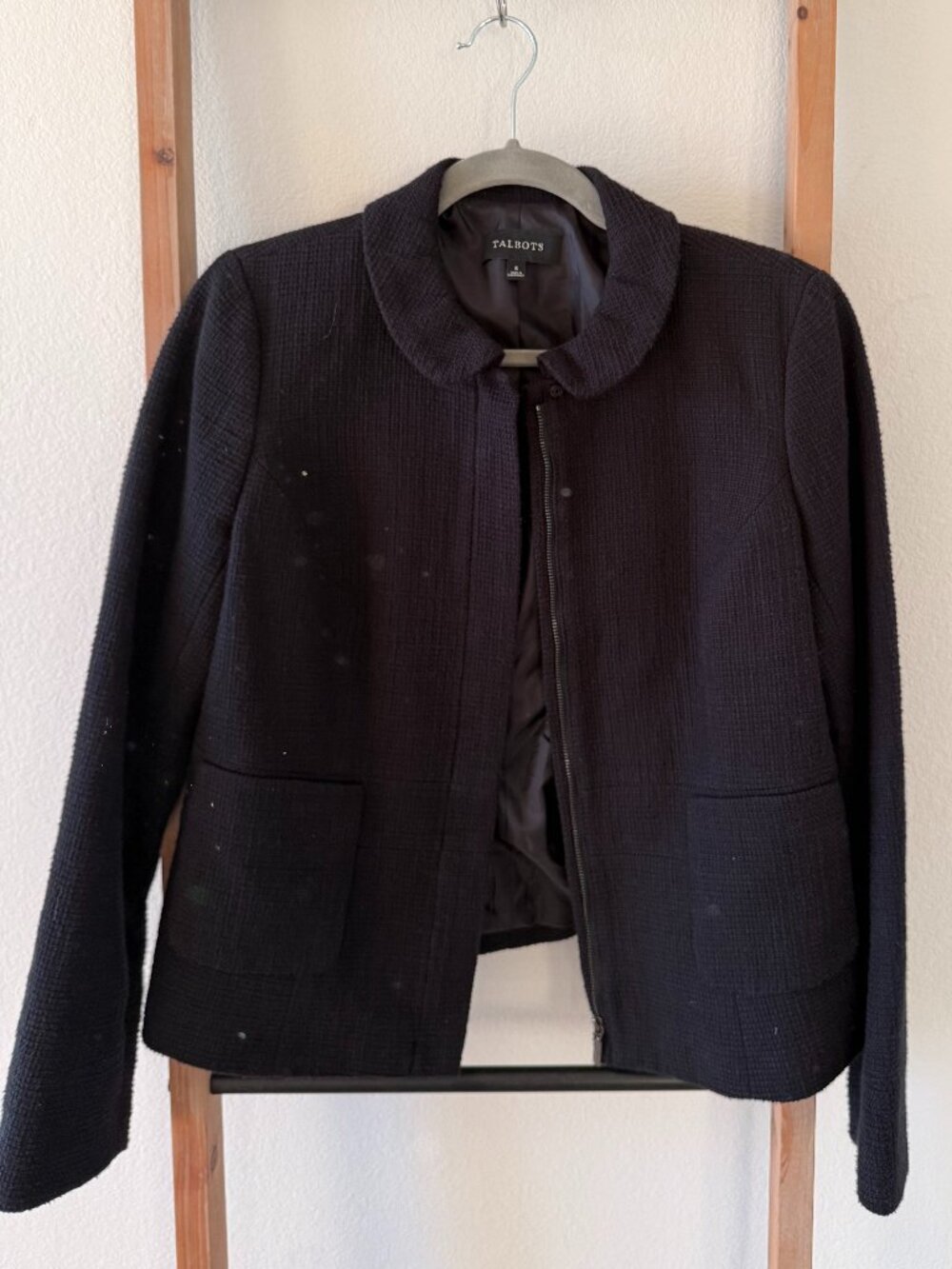 Talbots Black Textured Tweed Blazer Jacket Zip Front – Size 6P Petite